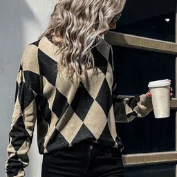 StyleCast Khaki Checked V-Neck Pullover Sweaters-image-74