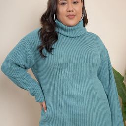 CURVY STREET Plus Size Ribbed Turtle Neck Pure Acrylic Pullover-51