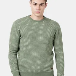 t-base Men Green Melange Stylised Cotton Pullover-image-68