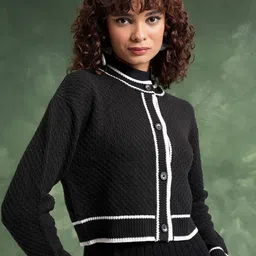 Tokyo Talkies Black Cable Knit Self Design Mock Collar Acrylic Crop Cardigan-picture-32