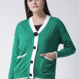 Club York Women Green & White Solid V-neck Acrylic Cardigan-image-46