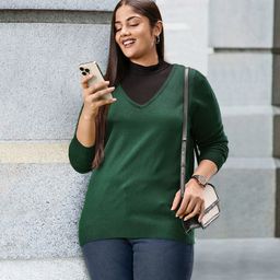 Sztori Women Plus Size Green Solid Pullover-20