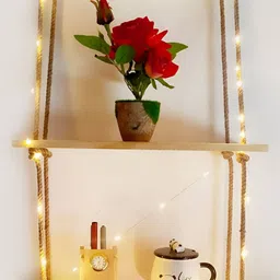 VAH Kya Bat Hai Brown Wood Pine 2 Layer LED Light Wall Hanging Shelf-15