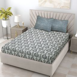 Aura Grey & White Ethnic Motifs 120 TC Cotton Queen Bedsheet With 2 Pillow Covers-image-81