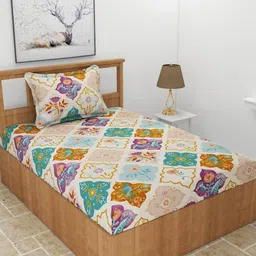 Innovative Edge Cream Fitted Cotton 160 TC Single Bedsheet with Pillow Cover-picture-14