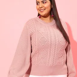 CURVY STREET Plus Size Women Pink Cable Knit Acrylic Pullover-image-38