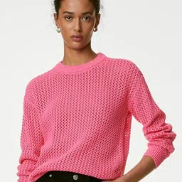 Marks & Spencer Self Design Open Knit Pure Cotton Pullover-image-61
