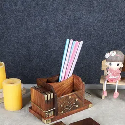 EXIM DECOR Brown Sheesham Wood Pen Stand With Coaster Showpiece-picture-48