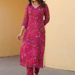 KALINI Ethnic Motifs Printed Thread Work Detailed Straight Kurta With Trouser-5