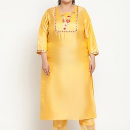 Sringam Plus Size Floral Yoke Design Regular Thread Work Kurta With Trousers-19