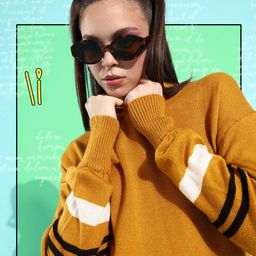 DressBerry Women Mustard Striped Whipped for Varsity Sweater-image-20