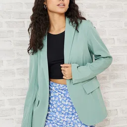 Styli Women Mint Green Roll-Up Sleeves Regular Fit Longline Blazer-19