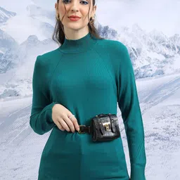 Tokyo Talkies Teal High Neck Raglan Sleeves Longline Acrylic Pullover-image-40
