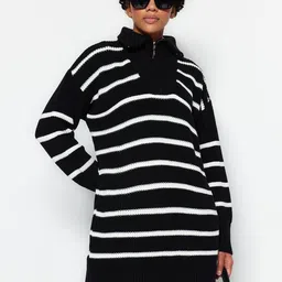 Trendyol Striped Mock Collar Acrylic Longline Pullover-14