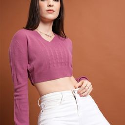 Tokyo Talkies Pink Cable Knit Self Design Acrylic Crop Pullover-image-28