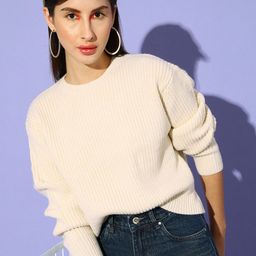 STREET 9 Women Off White Ribbed Crop Pullover-picture-31