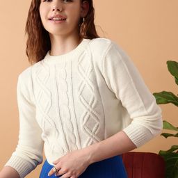 STREET 9 Cable Knit Self Design Crop Acrylic Pullover Sweater-image-65