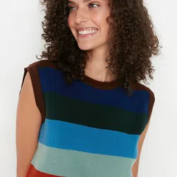Trendyol Women Brown & Blue Striped Striped Crop Acrylic Pullover-image-91