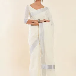 Soch Off-White & Silver-Toned Zari Pure Cotton Kasavu Saree image 1