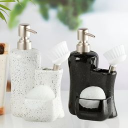 Kookee White & Black 2 Pieces Abstract Ceramic Soap Dispensers with Brush Holder-12