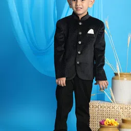 VASTRAMAY Boys Black Polka Dot Printed Velvet Blazer-picture-37