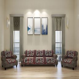 Aura Beige & Maroon 6 Pieces Printed 5-Seater  Sofa Covers With Arms-image-58