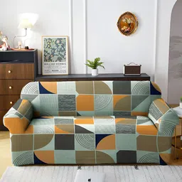 Aura Blue & Mustard Printed Stretchable 3 Seater Sofa Cover With Arms-image-38