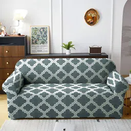 Aura Grey & White Printed Stretchable 3 Seater Sofa Cover With Arms-42