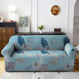 Aura Blue & Grey Floral Printed Stretchable Three Seater Sofa Cover-41
