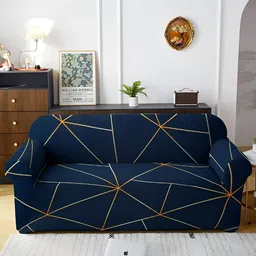 Aura Navy Blue & Orange Printed Elasticated Sofa Cover With Arms-image-18