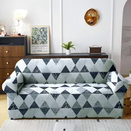 Aura Black & Grey Geometric Printed Stretchable Three Seater Sofa Cover-2