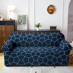 Aura Navy Blue & White Abstract Printed Stretchable Sofa Cover With Arms-5