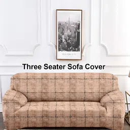 Aura Beige & Black Checked Three Seater Sofa Cover With Arms-image-30