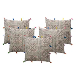 Contrast Living Cream-Coloured & Black 5 Pieces Ethnic Motifs Cotton Square Cushion Covers-picture-30