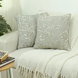 House This Blooming Florals Grey & Beige 2 Pieces Floral Cotton Square Cushion Covers-2