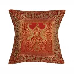Lal Haveli Red & Gold Toned Ethnic Motif Silk Square Cushion Cover-7