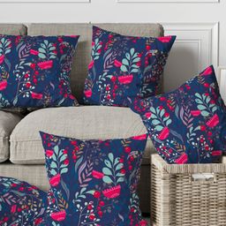 THEYAYACAFE  5 Pieces Blue & Pink Floral Printed Cotton Square Cushion Covers-7