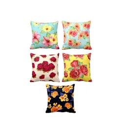 THEYAYACAFE 5 Turquoise Blue & Red 5 Pieces Floral Cotton Square Cushion Covers-image-56