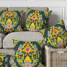 THEYAYACAFE Green & Yellow 5 Pieces Floral Cotton Square Cushion Covers-image-4
