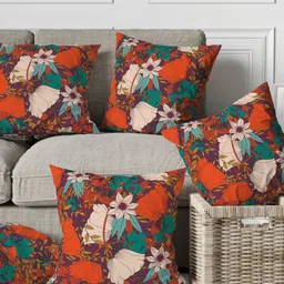 THEYAYACAFE Purple & Orange  5 Pieces Floral Printed Cotton Square Cushion Covers-picture-10