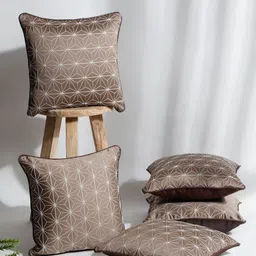 DREAM WEAVERZ Brown & White Set of 5 Floral Satin Square Cushion Covers-image-12