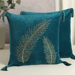 India Circus by Krsnaa Mehta Blue & Green Floral Velvet Square Cushion Cover-14