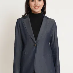 Purple State Women Blue Solid Single-Breasted Formal Blazer-image-25