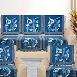 RRC White & Blue 5 PIeces Floral Printed 5 Seater Velvet Sofa Cover-image-18