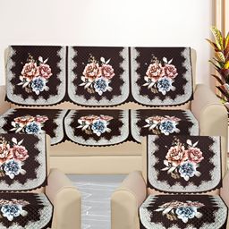 RRC White & Brown 10 Pieces Printed Velvet Sofa Cover-image-95