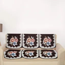 RRC White & Brown 3 PIeces Floral Printed  3 Seater Velvet Sofa Cover-image-37
