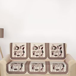 RRC Brown & White 6 Pieces Floral Printed 3 Seater Velvet Sofa Cover-image-3