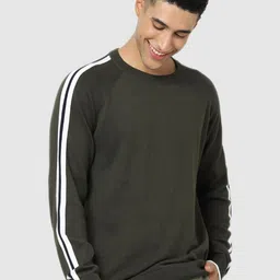 Celio Men Olive Green & White Striped Pullover-image-43