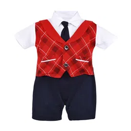 Wish Karo Infants Boys Checked Cotton Romper With Aattached Waistcoat & Tie-picture-2