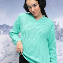 Tokyo Talkies Blue V-Neck Acrylic Pullover-image-47